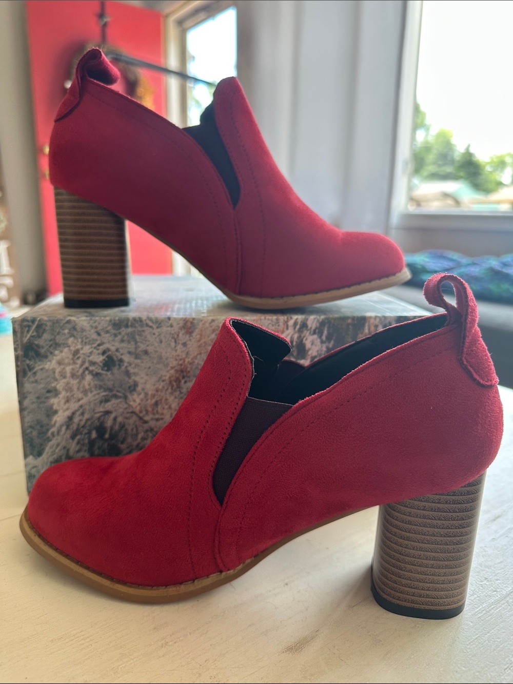 Red Suede Block Heel Booties for Women